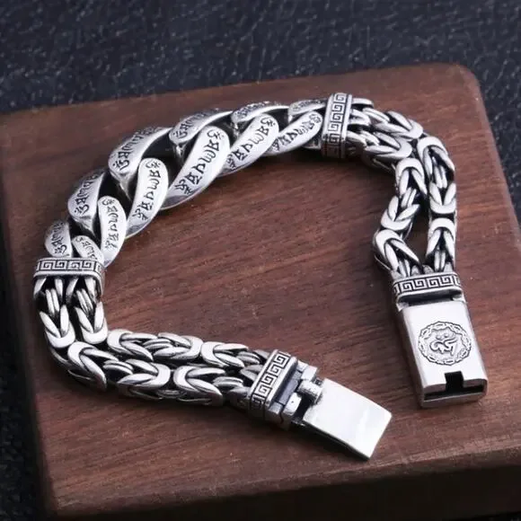 Stainless Steel Chain Link Bracelet, Mantra, Curb Hand Woven Engraved Byzantine